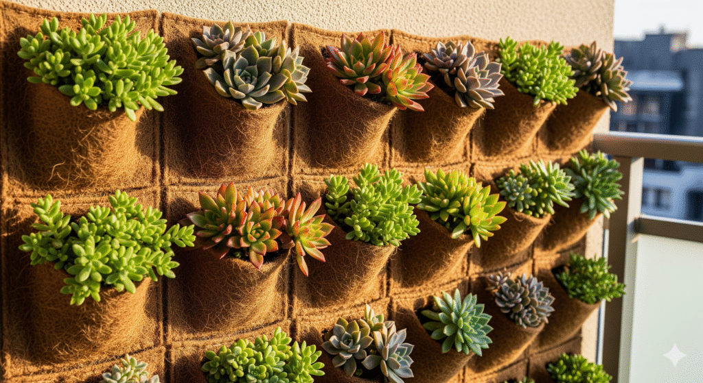 Jardim vertical com suculentas compactas em estrutura de fibra natural iluminada por luz suave