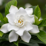 Flor de Jasmin Gardênia em pleno florescimento com folhas verdes brilhantes