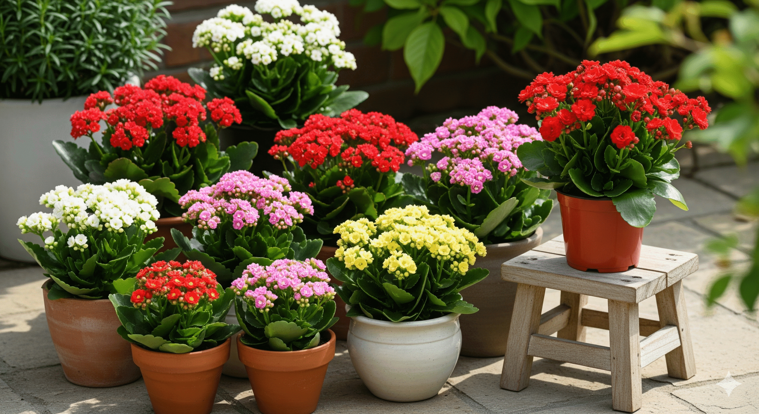 Vasos de Kalanchoe e Calandiva em vermelho, rosa, branco e amarelo em ambiente doméstico.
