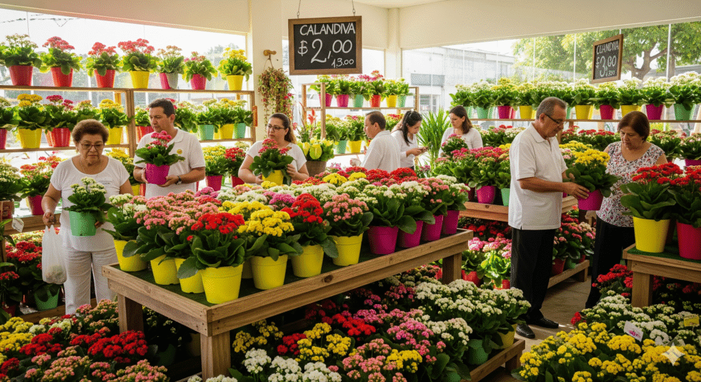 Vasos de Kalanchoe e Calandiva coloridos expostos em prateleiras de floricultura no Brasil.