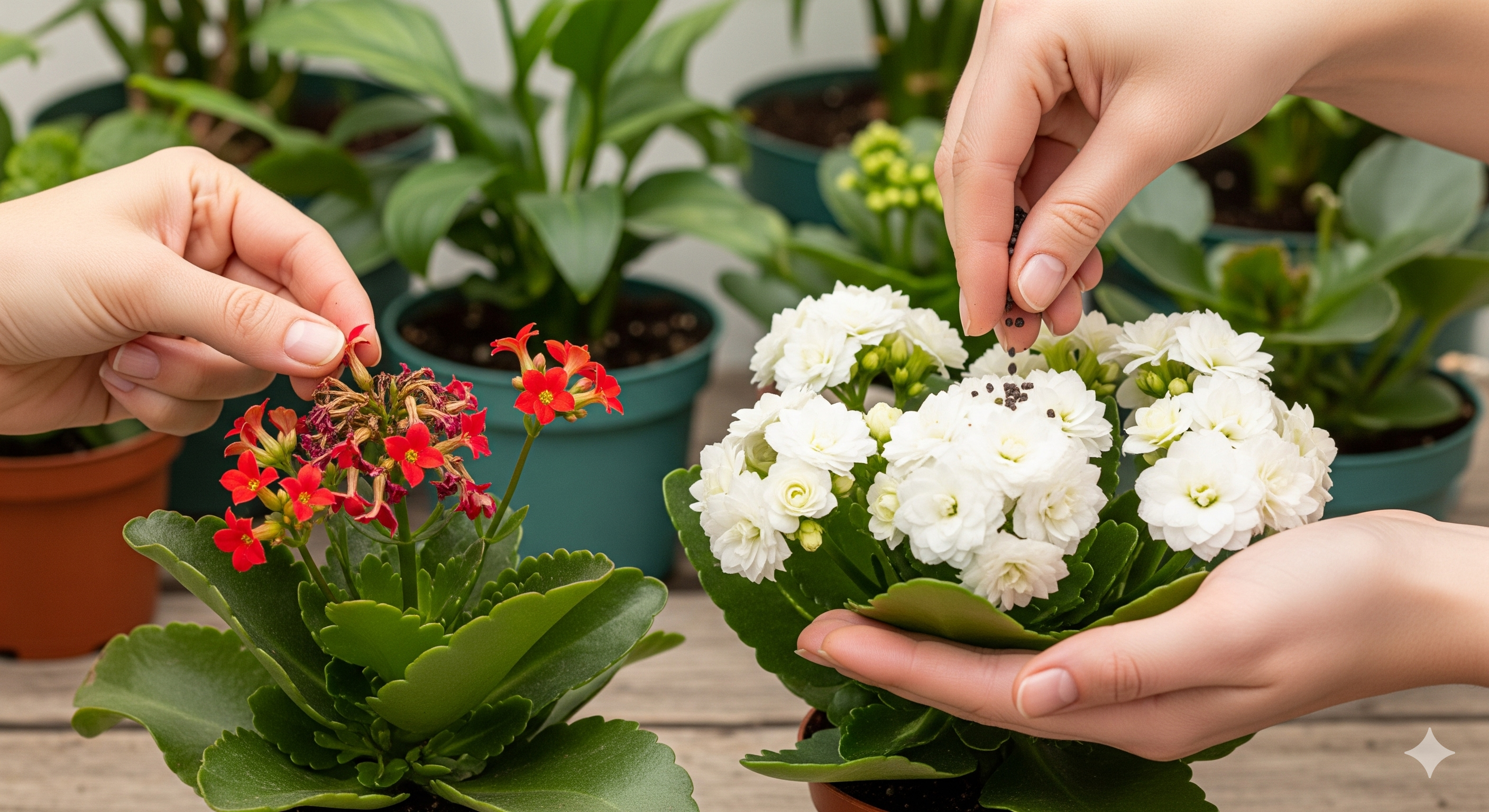 Kalanchoe de flores vermelhas simples e Calandiva de flores brancas dobradas recebendo cuidados, com poda e adubação.