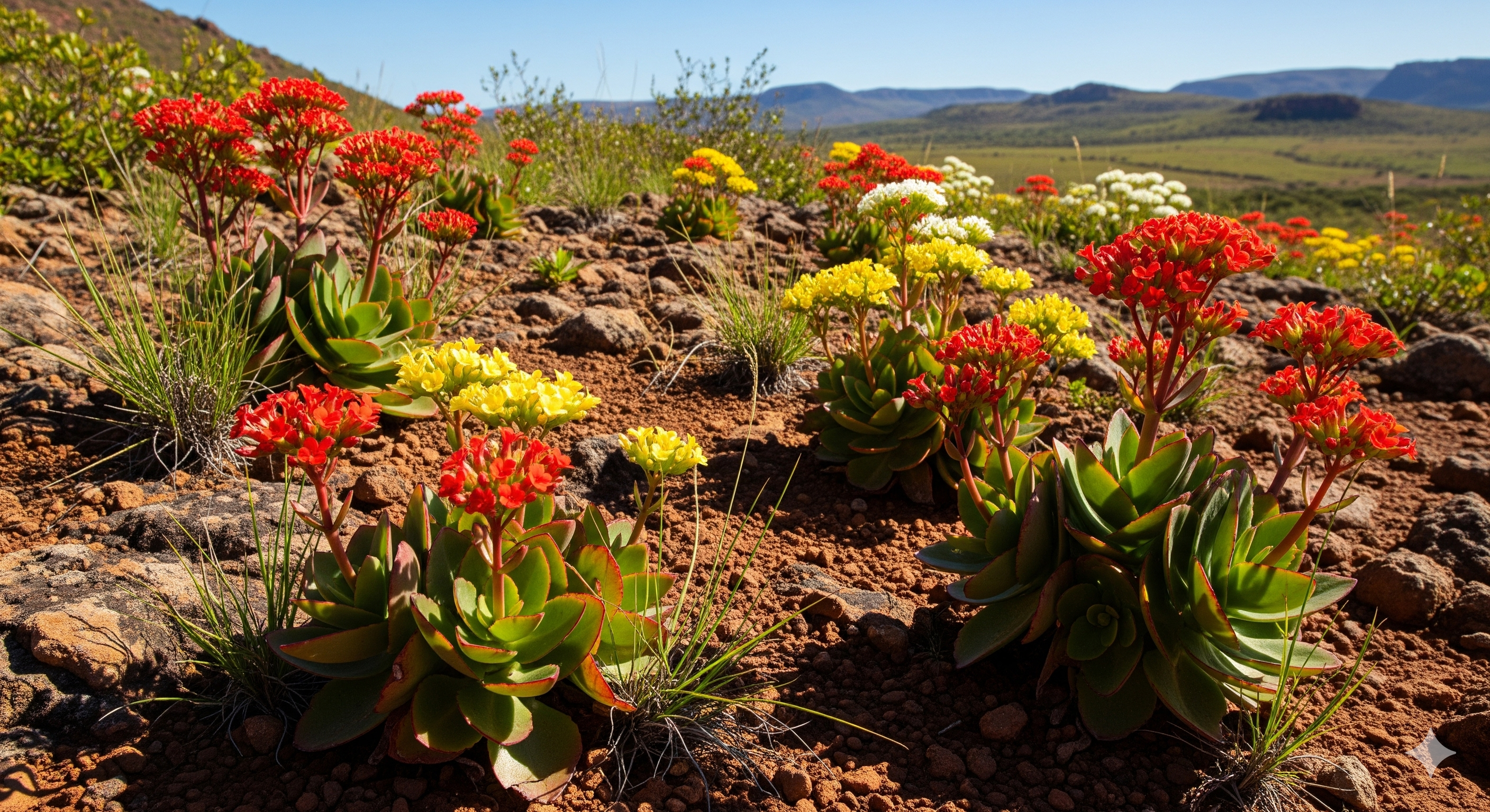 Kalanchoe em habitat natural de Madagascar, com flores vermelhas, amarelas e brancas sobre solo rochoso.