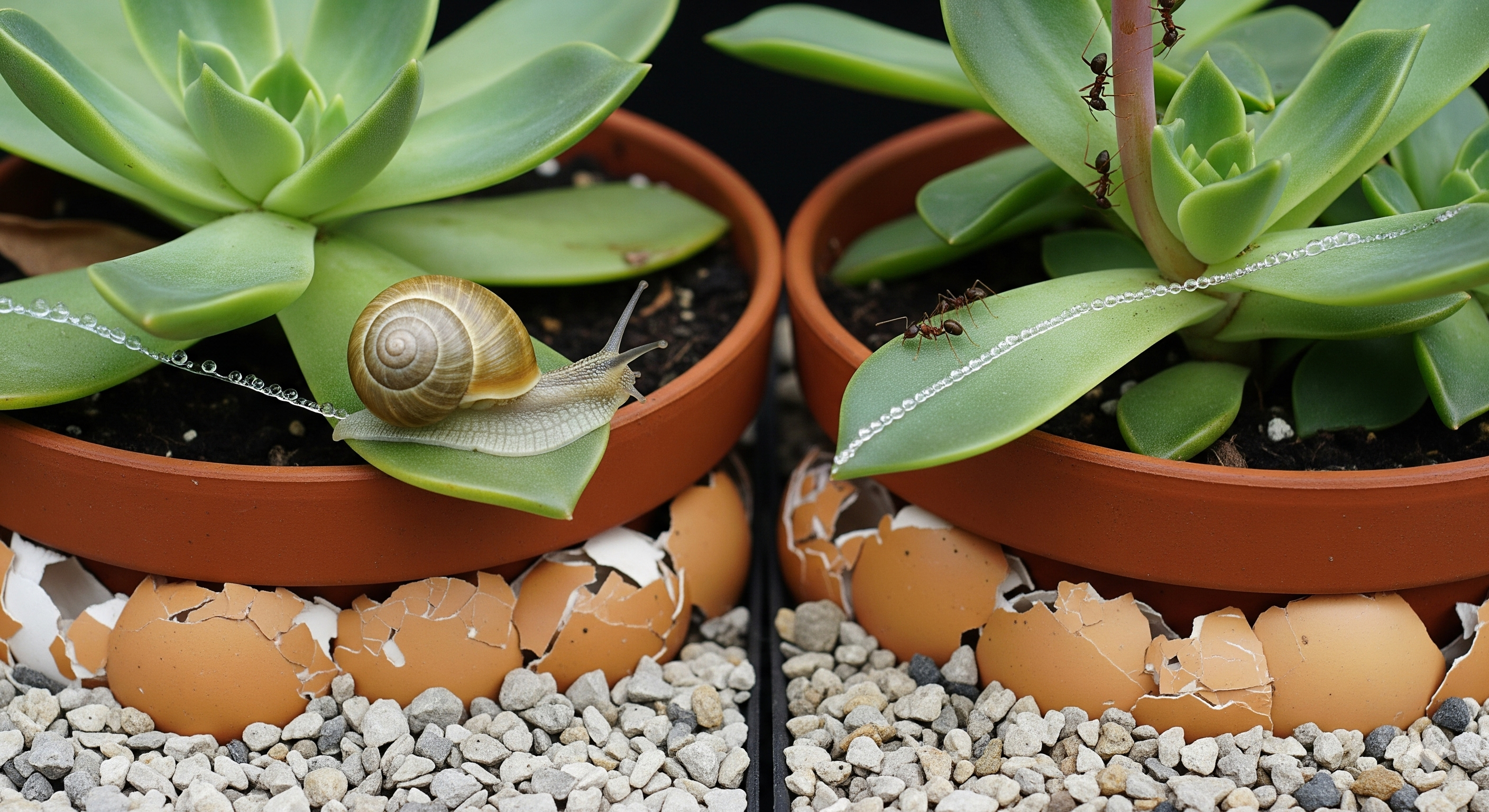 Suculentas em jardim externo com lesma, formigas e barreiras naturais ao redor dos vasos
