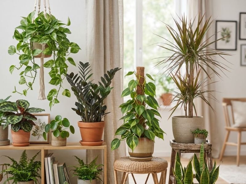 Diferentes plantas de interior com folhagens variadas cultivadas em vasos