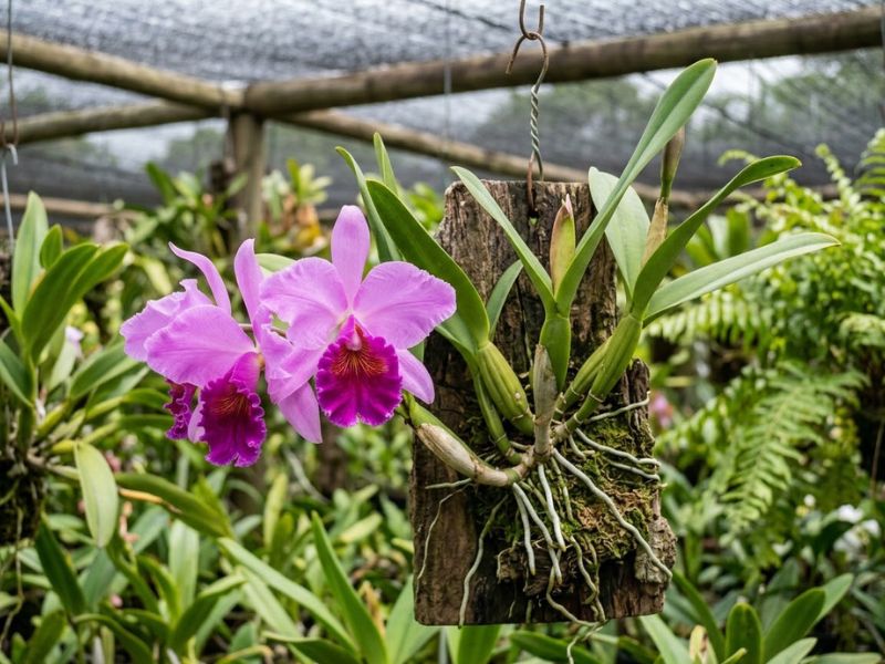 Orquídea Cattleya florida cultivada em suporte de madeira