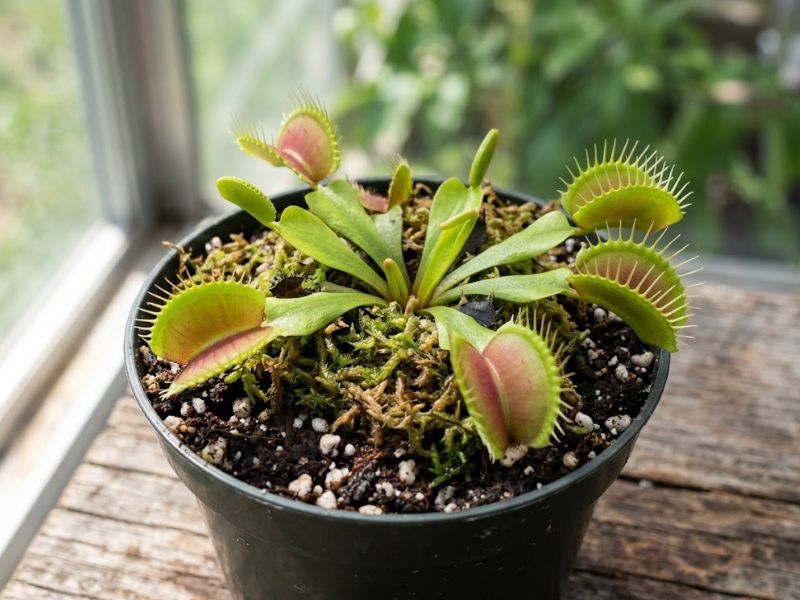 Planta carnívora dioneia cultivada em vaso, com armadilhas abertas próximas a uma janela