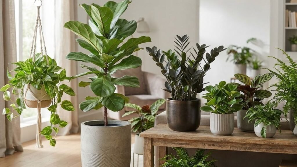 Plantas de interior saudáveis em diferentes vasos dentro de uma sala clara e bem iluminada