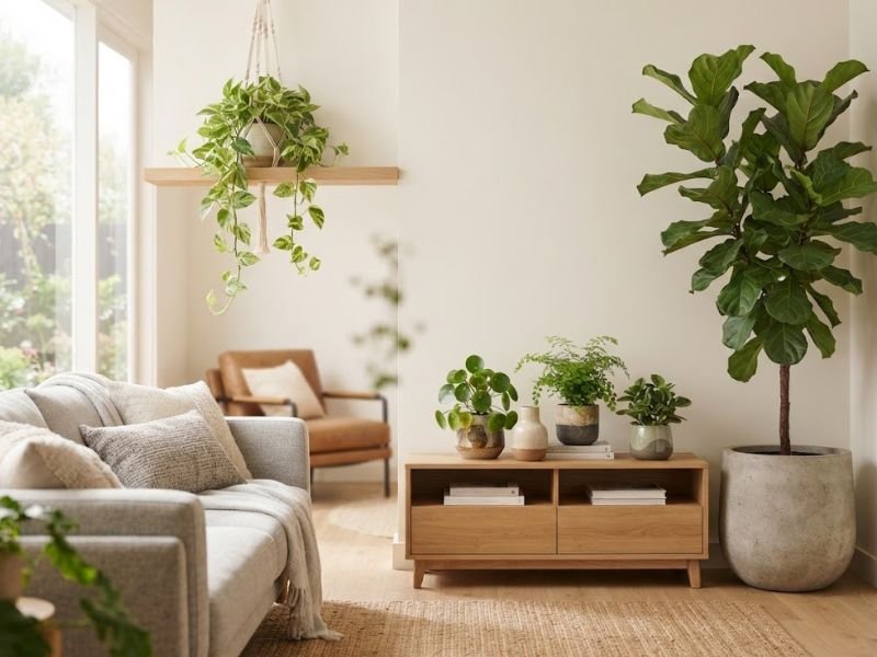 Plantas de interior usadas na decoração de sala com vasos em diferentes alturas