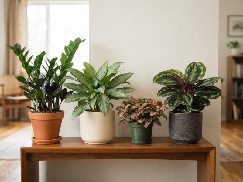 Zamioculca, aglaonema, fitônia e calathea em ambiente com luz indireta suave