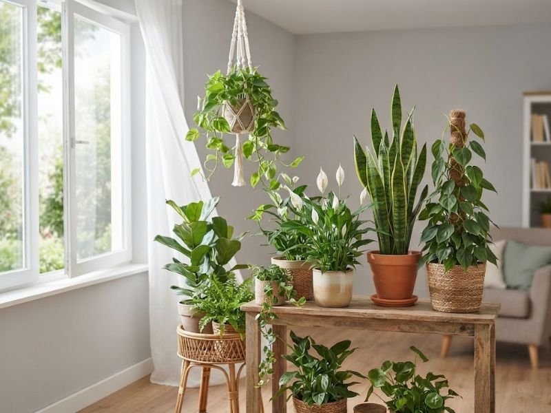 Plantas de interior próximas de janela aberta em ambiente claro e ventilado