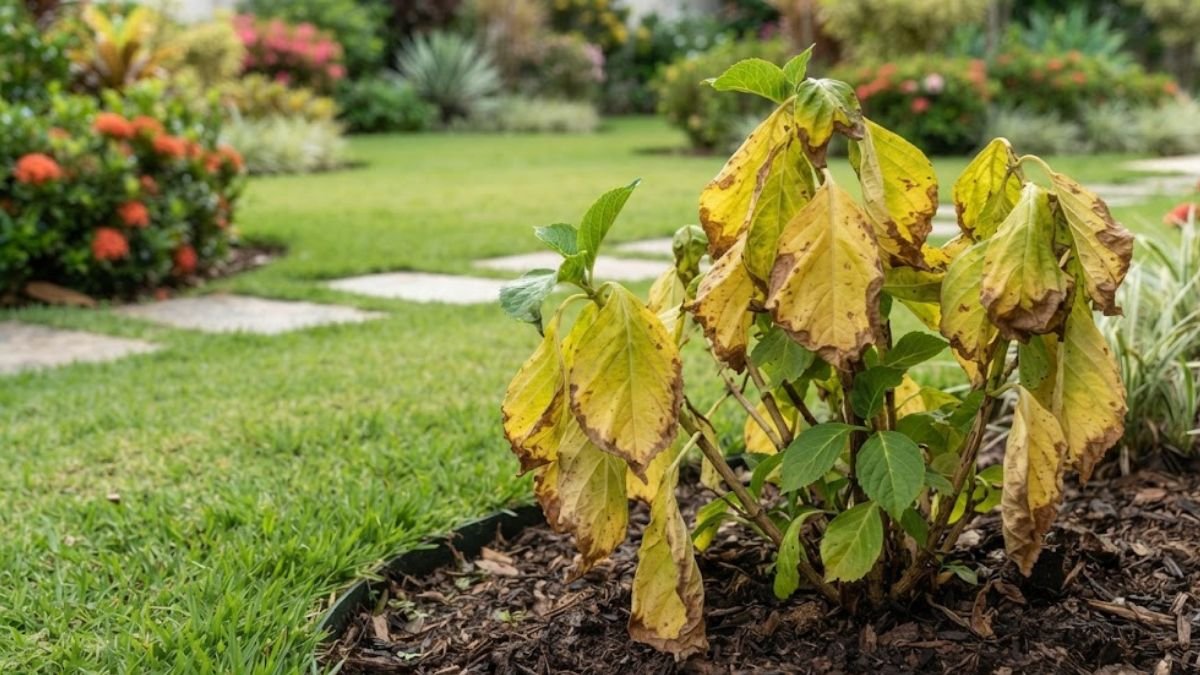 Plantas morrendo: hortênsia com folhas amarelas, secas e murchas em canteiro de jardim.