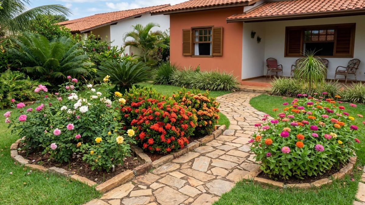 Jardim residencial com canteiros de rosas, ixoras e zínias ao redor de um caminho