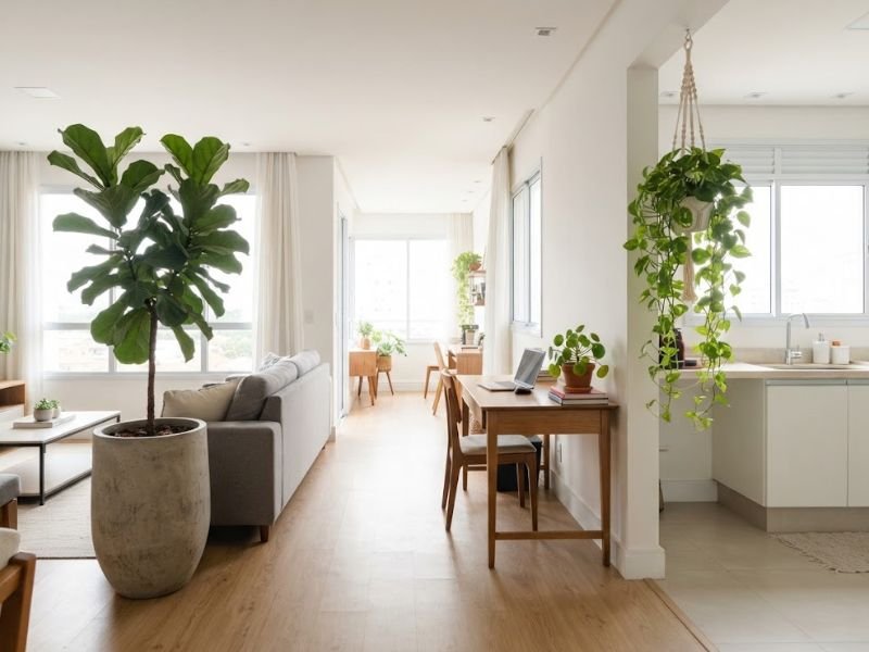 Diferentes plantas de interior distribuídas em espaços de uma casa bem iluminada