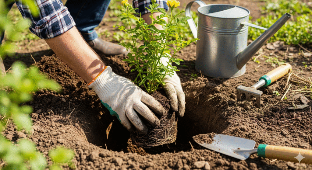 Pessoa plantando muda de rosa amarela em cova de 40 cm, espalhando as raízes antes de cobrir com terra.
