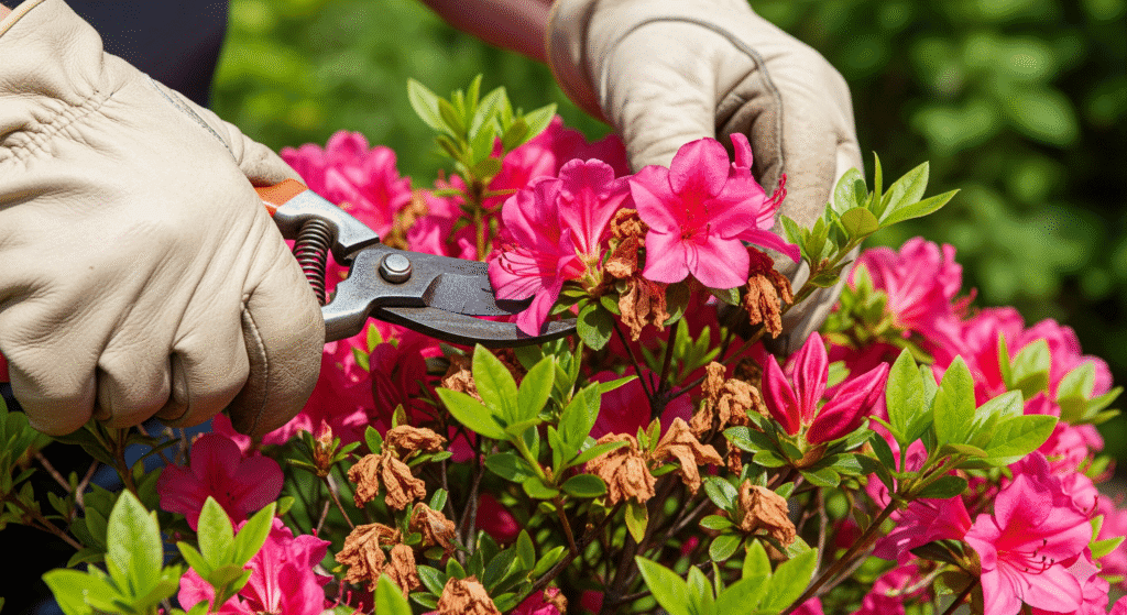 Jardineiro podando azaleias planta com tesoura de jardinagem para remover flores secas
