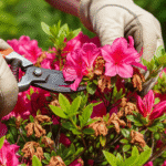 Jardineiro podando azaleias planta com tesoura de jardinagem para remover flores secas