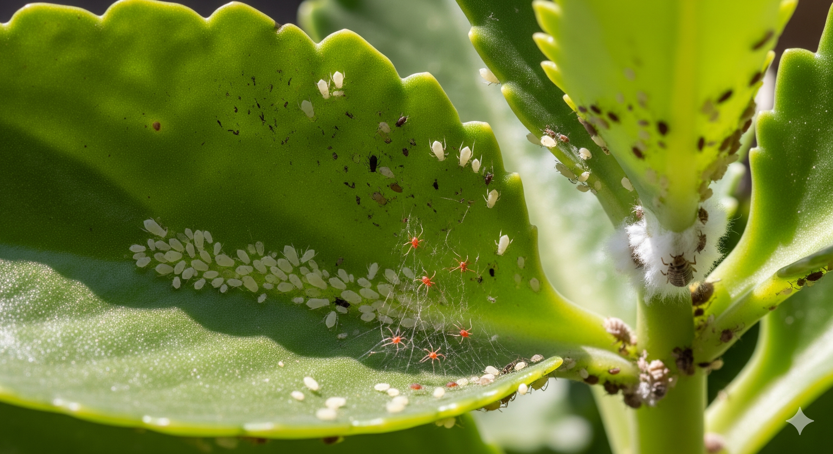 Folhas de Kalanchoe infestadas por pulgões, cochonilhas e ácaros-aranha.