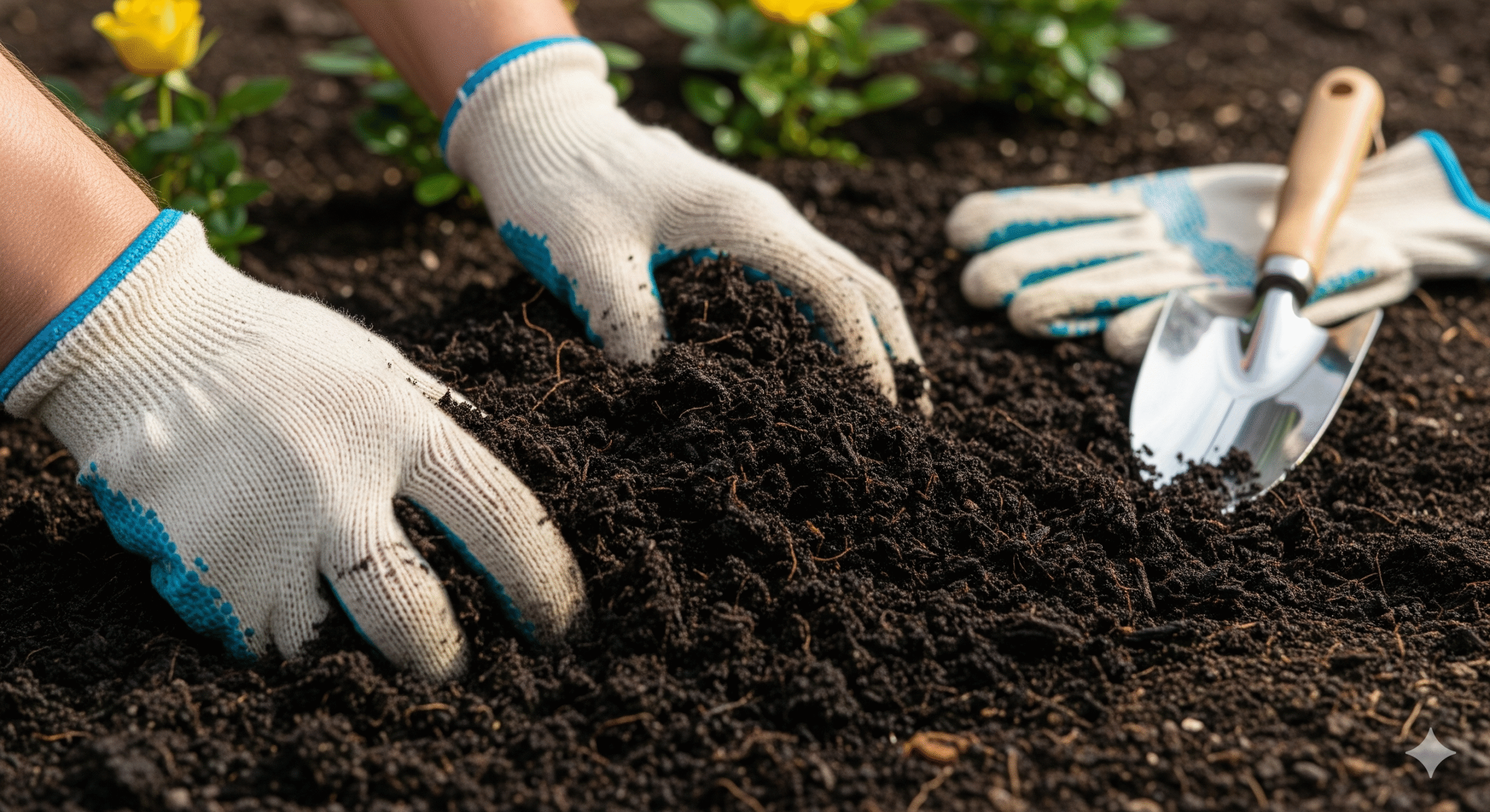 Mãos com luvas misturando solo fértil em um jardim, preparando a terra para o plantio de rosas amarelas.