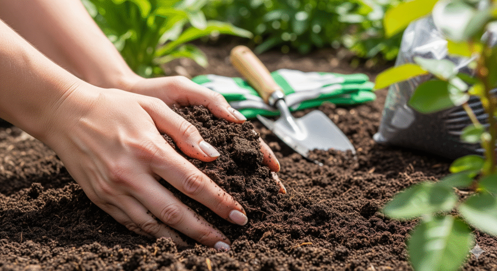 Close-up de mãos preparando o solo para o cultivo de roseiras, mostrando terra rica e solta pronta para o plantio saudável