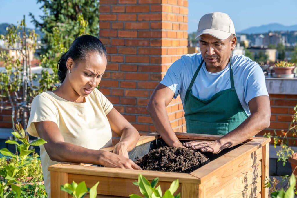 Casal preparando o solo em canteiro de madeira para plantio de horta caseira.