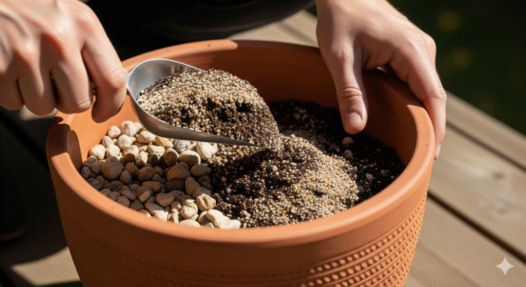 pessoa preparando vaso de cerâmica grande com pedras de drenagem e terra adequada para cultivo de cacto mandacaru, em ambiente externo com luz natural