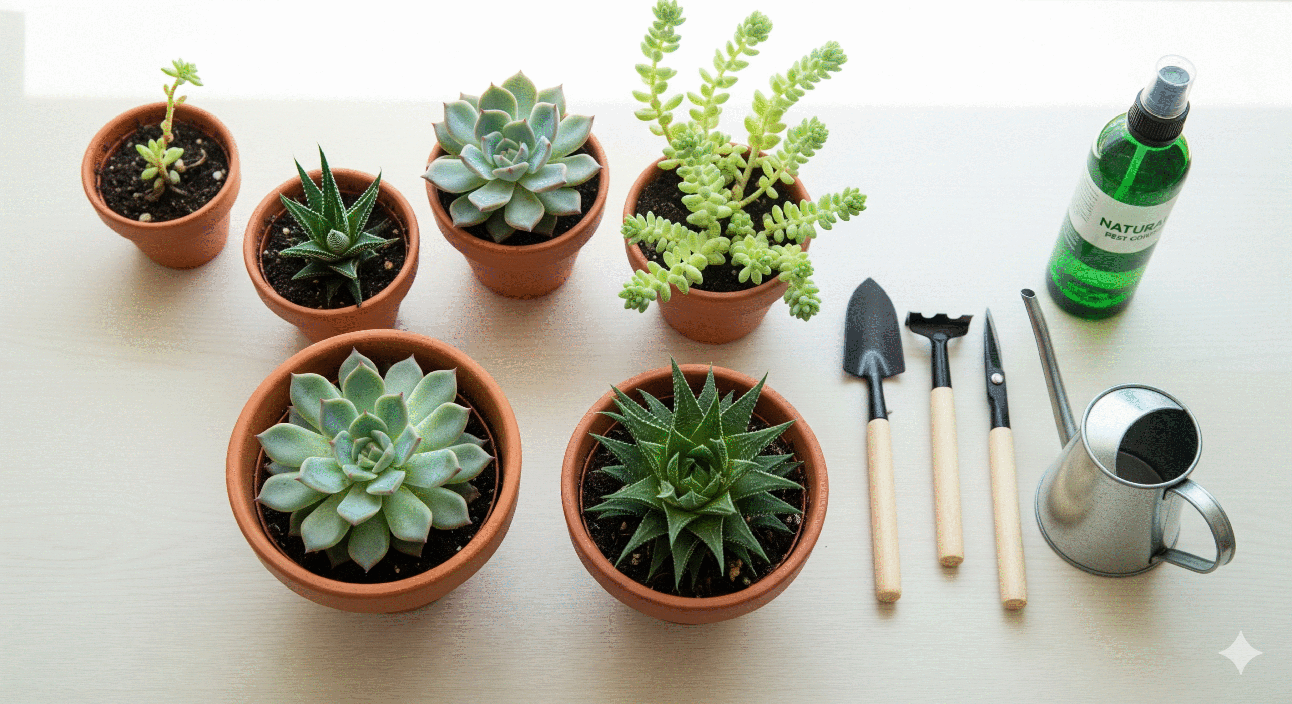 Área de jardinagem organizada com suculentas saudáveis e uma planta isolada para quarentena