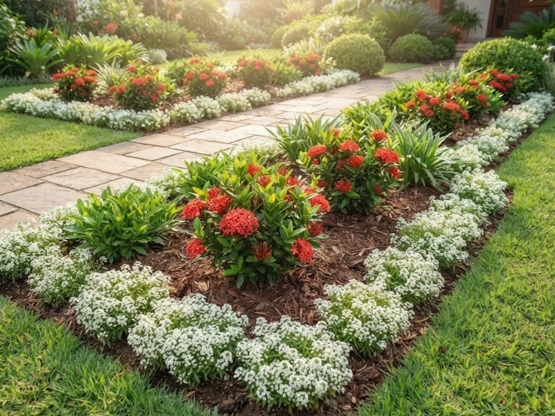 Jardim residencial saudável com ixoras vermelhas e flores brancas em canteiros organizados.
