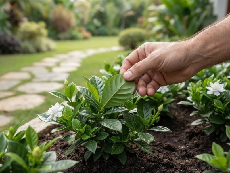 Mão examinando a parte inferior de uma folha de gardênia para prevenir pragas.