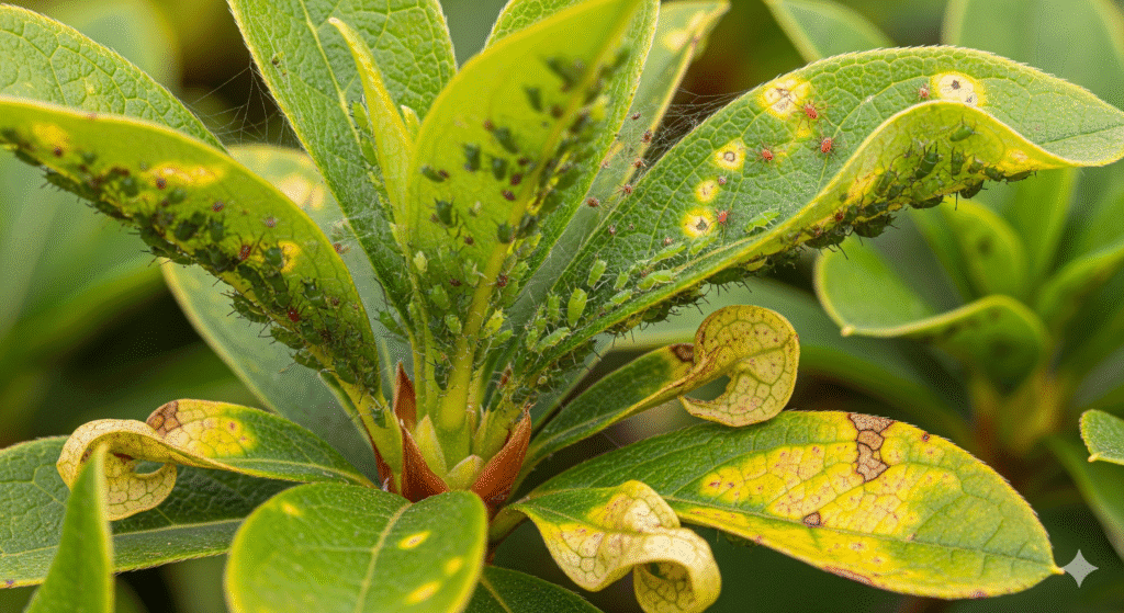 Folhas de azaleias planta atacadas por pragas como pulgões e ácaros