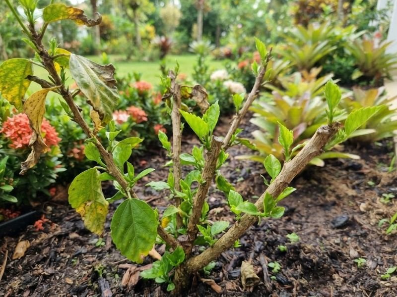 Hibisco com folhas secas e novos brotos verdes surgindo de ramos antigos.