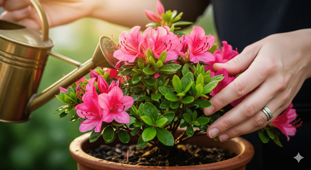 Jardineiro regando azaleias planta em vaso de barro com flores rosadas e folhas verdes ao sol da manhã
