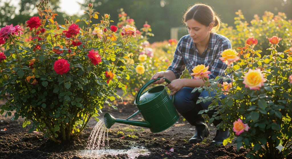 Jardineira regando roseiras no solo, direcionando a água para a base das plantas em um jardim ensolarado.