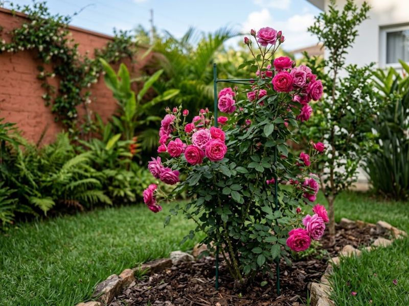 Roseira florida cultivada como planta ornamental em jardim
