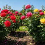 Roseiras cultivadas em local ensolarado e bem ventilado, demonstrando o espaço ideal para o crescimento saudável das plantas.