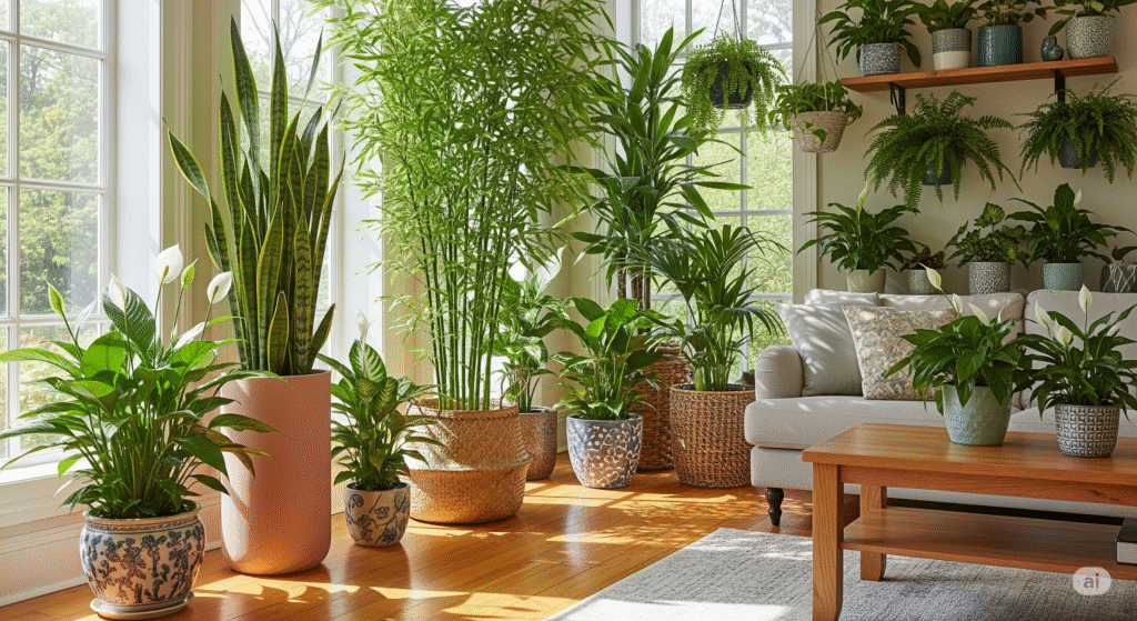 Sala de estar decorada com diversas plantas que purificam o ar, criando um ambiente saudável e acolhedor