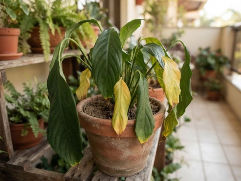 Lírio da paz com folhas amarelas e caídas, mostrando sinais de plantas morrendo.