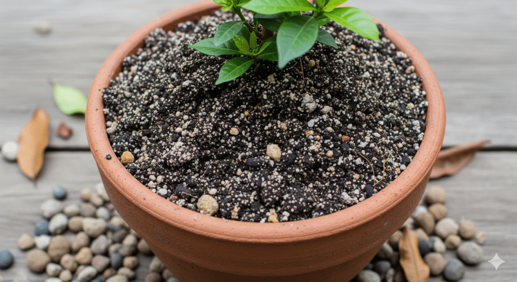 Vaso com solo fértil e bem drenado preparado para cultivo de Jasmin Gardênia