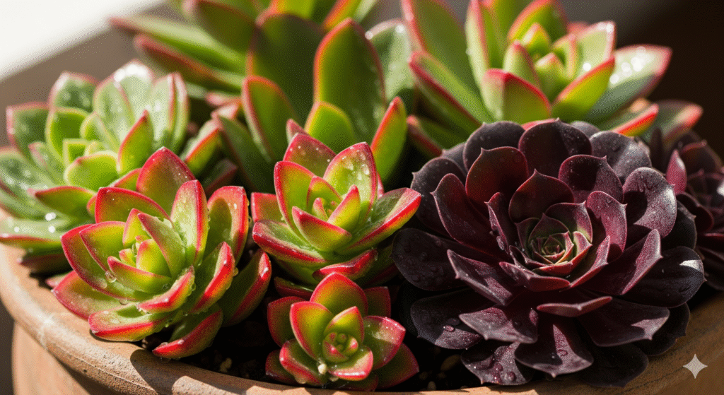 Suculentas raras em tons vibrantes de verde, vermelho e roxo em close-up