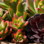 Suculentas raras em tons vibrantes de verde, vermelho e roxo em close-up