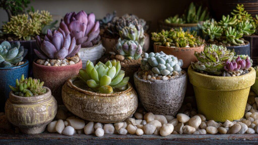Variedade de suculentas em vasos decorativos representando diferentes tipos e cuidados no cultivo doméstico