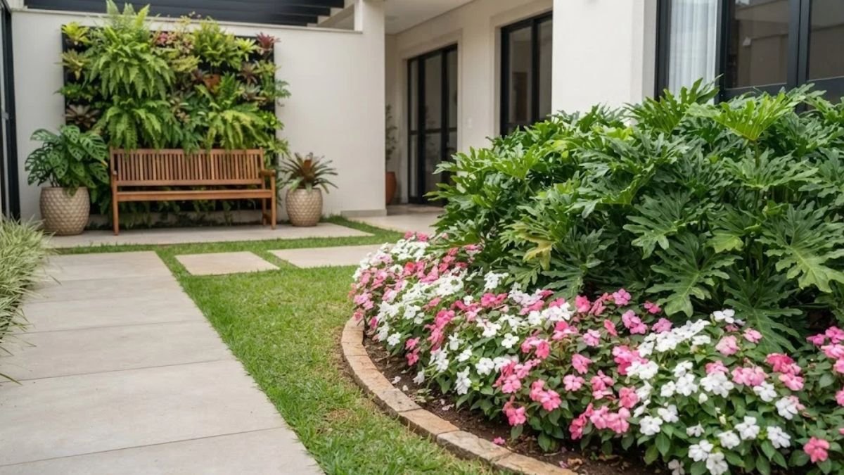 Tipos de jardins integrados em quintal residencial com canteiro florido, painel vertical e vasos junto a um banco.
