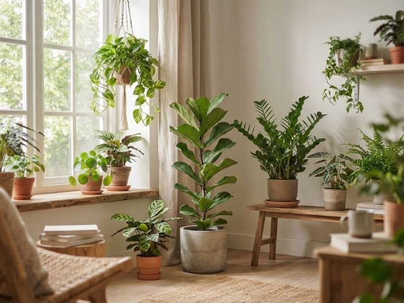 Plantas de interior saudáveis integradas a uma sala clara e acolhedora