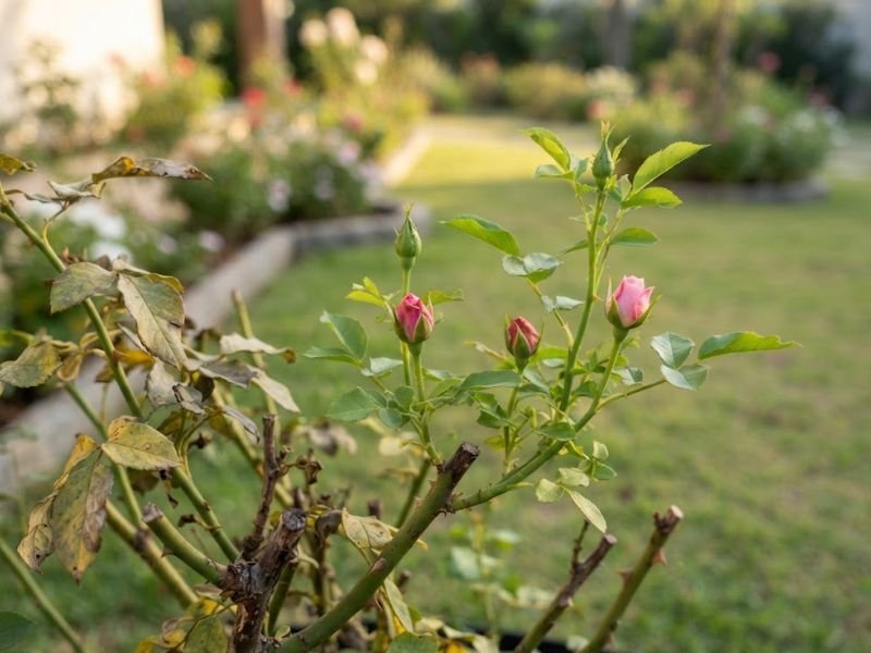 Roseira com folhas secas e novos brotos verdes com botões rosados em jardim.