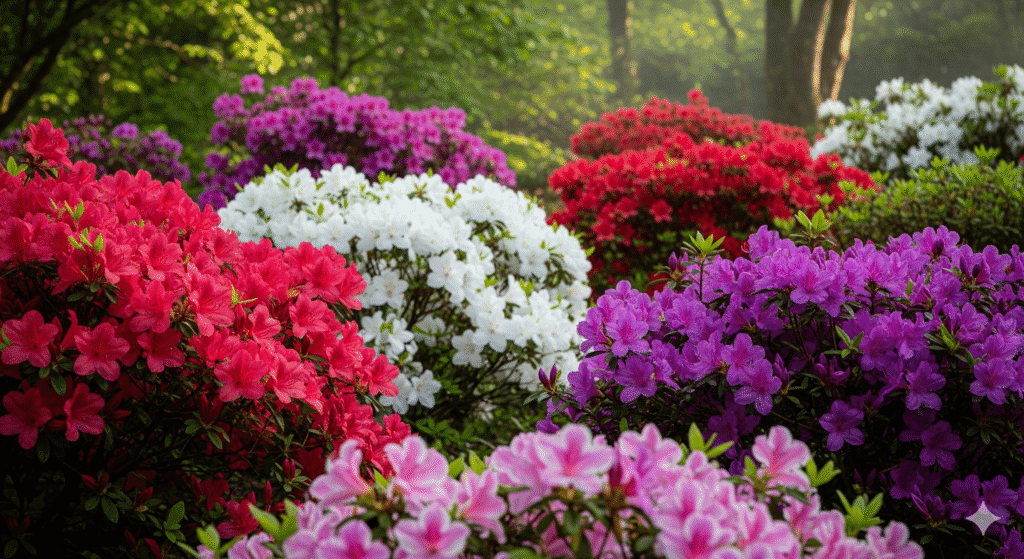 Variedades coloridas de azaleias em diferentes tons de rosa, vermelho, branco e lilás em um jardim exuberante