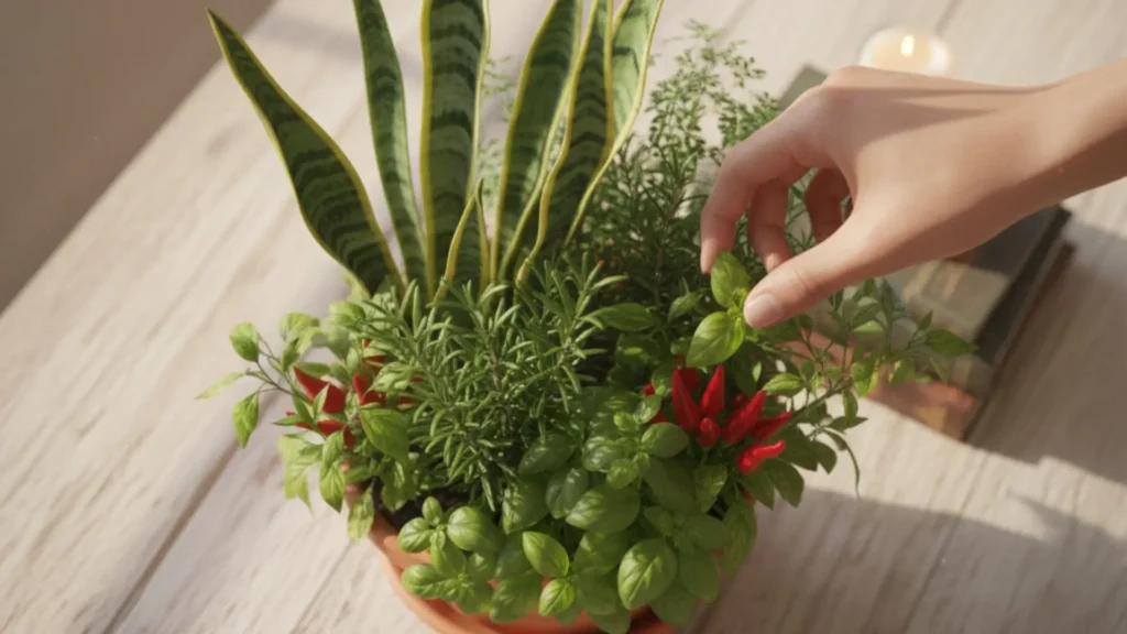 Arranjo de plantas usadas para proteção energética, incluindo ervas como manjericão, alecrim, pimenta e espada-de-são-jorge, sendo cuidadosamente tocadas à luz natural.