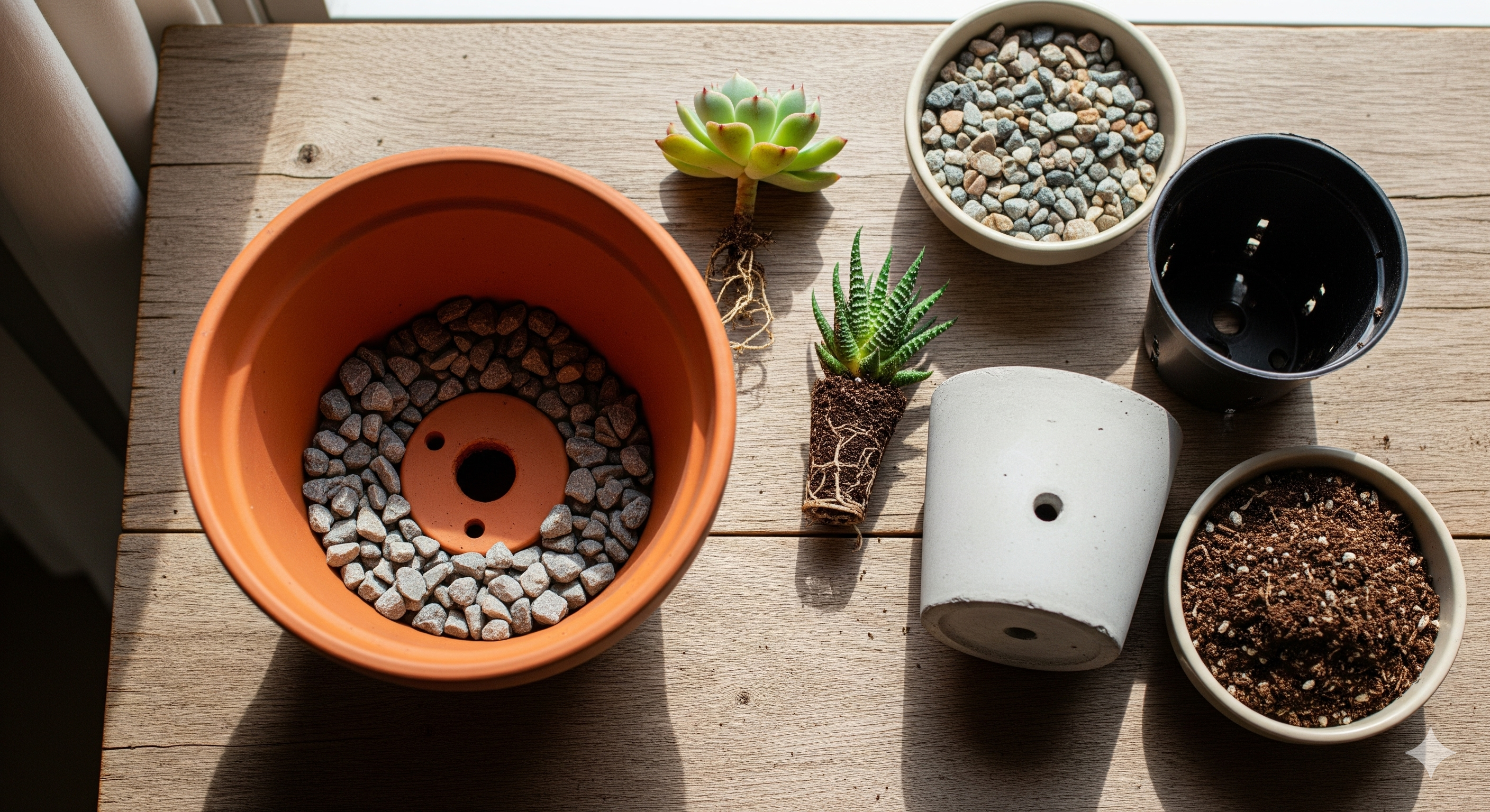 Vaso de barro com furo de drenagem e camada de pedrisco, ao lado de vasos de cimento e plástico e suculentas para plantio
