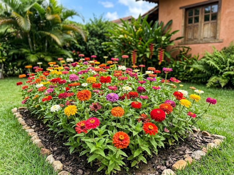 Canteiro de zínias ornamentais com flores de diferentes cores