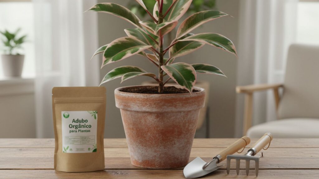 Ficus Elastica Ruby em vaso de barro ao lado de adubo orgânico e ferramentas de jardinagem sobre a mesa