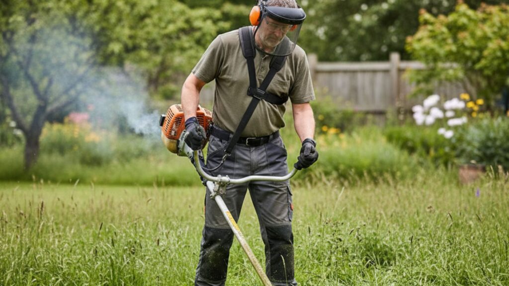 jardineiro utilizando roçadeira a gasolina em área gramada, com fumaça saindo do motor durante o trabalho