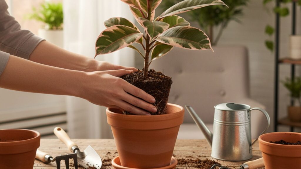 mãos replantando uma Ficus Elastica Ruby em vaso de barro com ferramentas de jardinagem ao lado